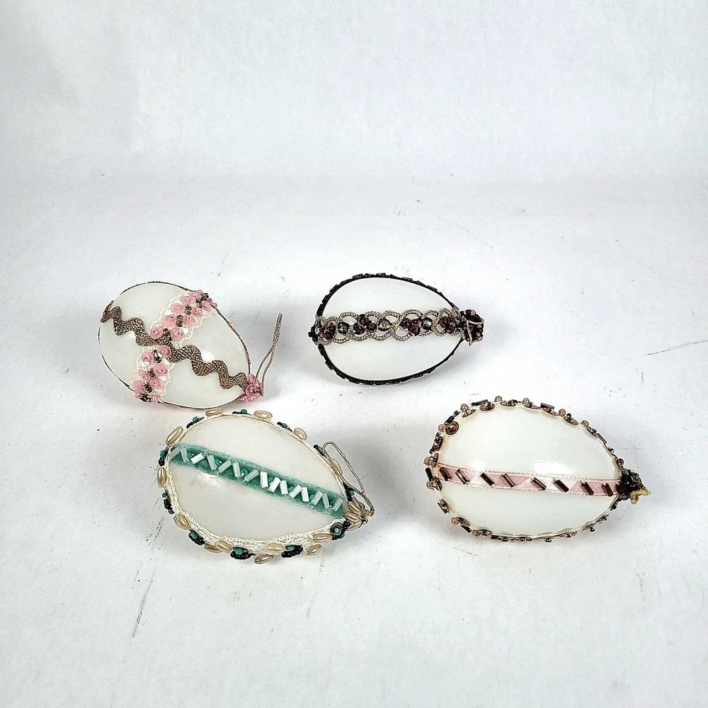 Vintage Glass Beaded Eggs Ornaments Set of 4 Embellished‎ Handcrafted Pink Green